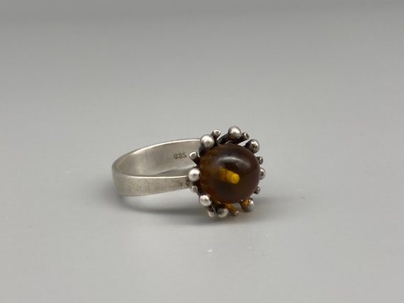 Vintage Baltic Amber Sunburst Modernist Brutalist 835 Silver Ring, Size 8