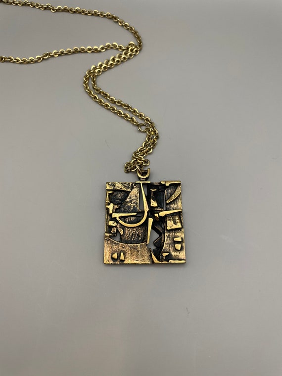 Vintage Jorma Laine Extra Large Brutalist Bronze Abstract Statement Pendant Necklace, Signed, Finland