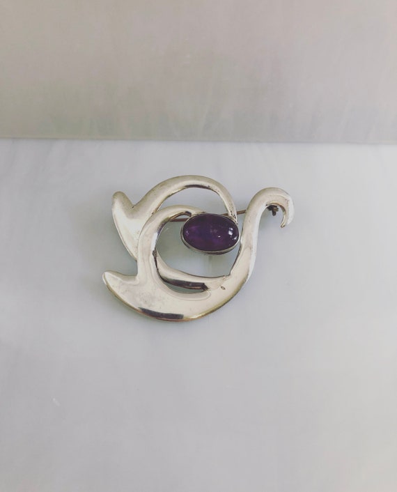 Vintage Sterling Silver and Amethyst Modernist Brooch/Pin, Victor Jaimez, Mexico