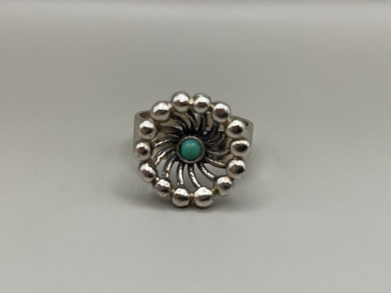 Vintage Kultaseppä Salovaara, Turquoise Sterling Silver Modernist Ring, Adjustable Size 7.5 Finland, 1971