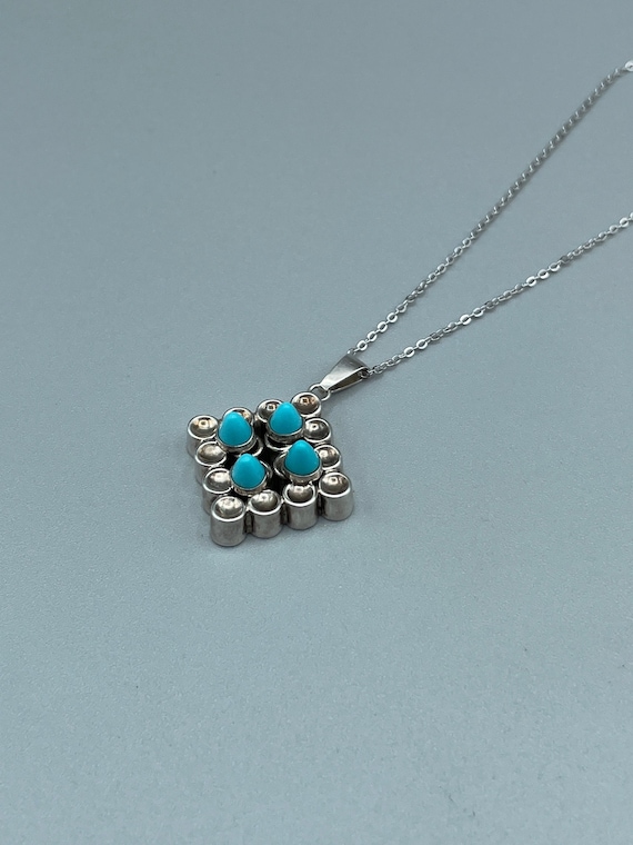 Vintage Turquoise Geometric Modernist Grid 830 Silver Pendant Necklace, Finland