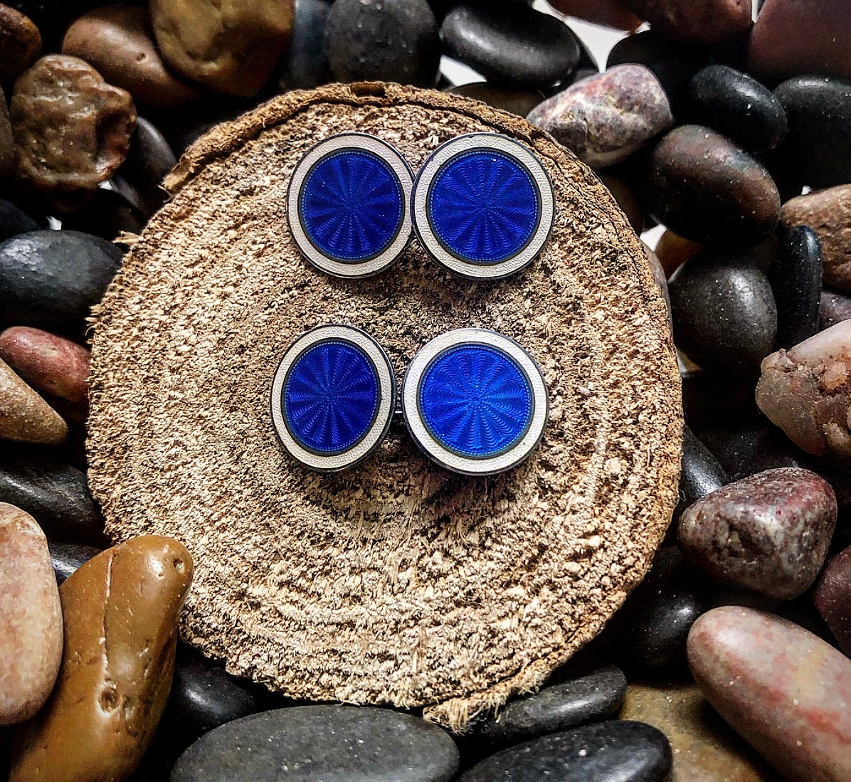 Boutons De Manchette ALEXY - Argent Sterling, Guilloché, émail Bleu Cobalt Et Diamant