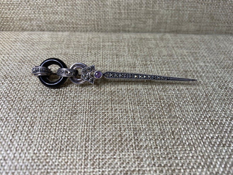 Amethyst Vintage Sterling Silver Marcasite and Black Onyx BroochPin