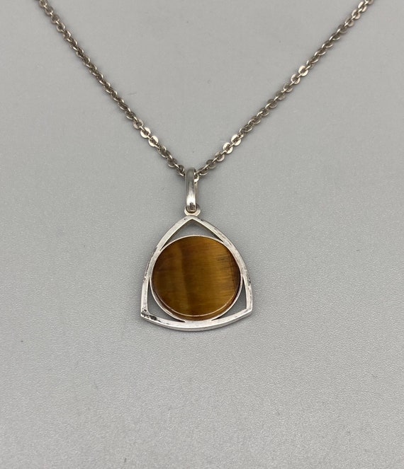 Vintage Henning Ulrichsen Tiger Eye  Triangle Modernist Sterling Silver Pendant Necklace, Denmark
