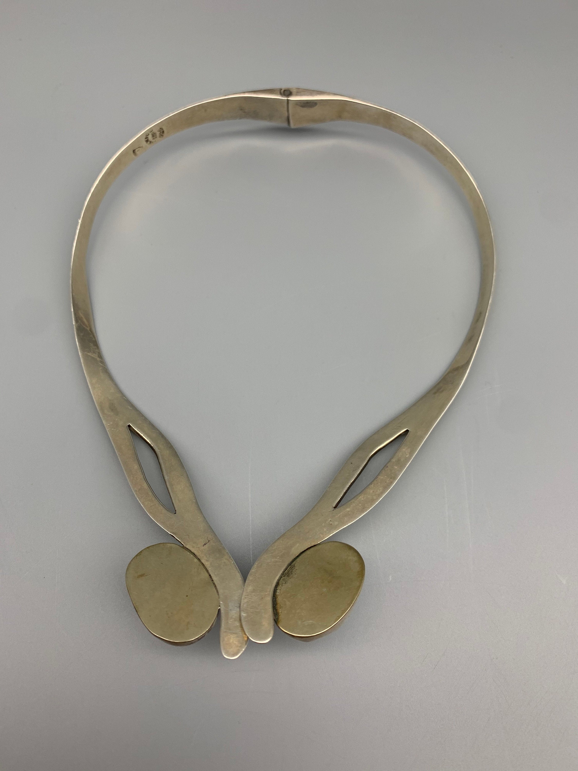 Vintage Modernist Hinged Collar Necklace Chrysocolla & Sterling Silver, Mexico, Signed DMP