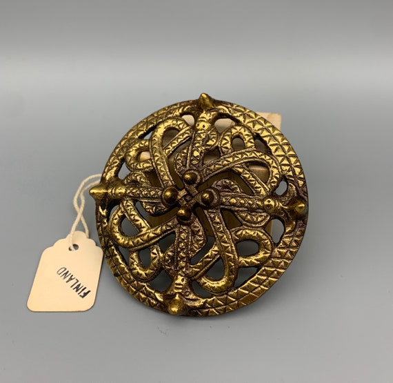Vintage Kalevala Koru Tribal Viking Snake Motif Shield Bronze Brooch/Pin, Scandinavian, Finland