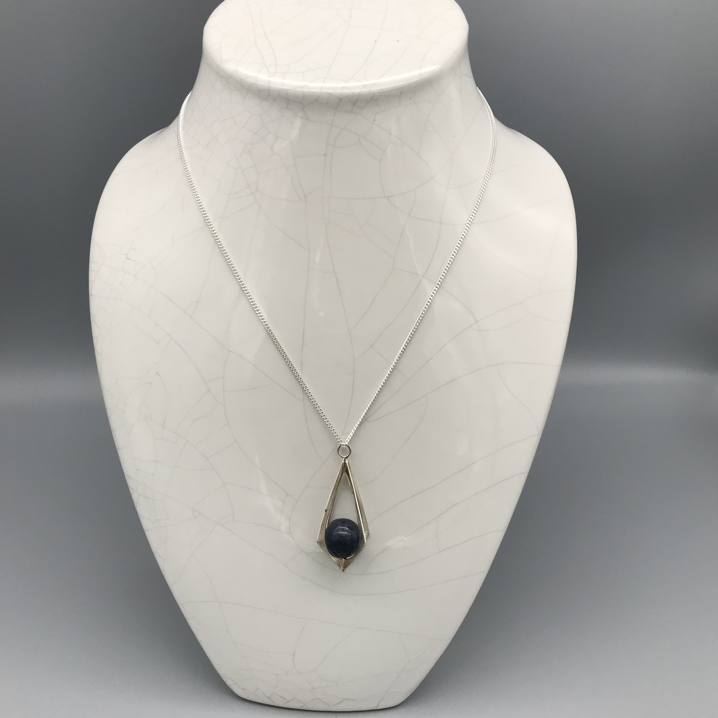 Vintage WWL Modernist Sodalite Sphere Geometric Cage Pendant, South Africa