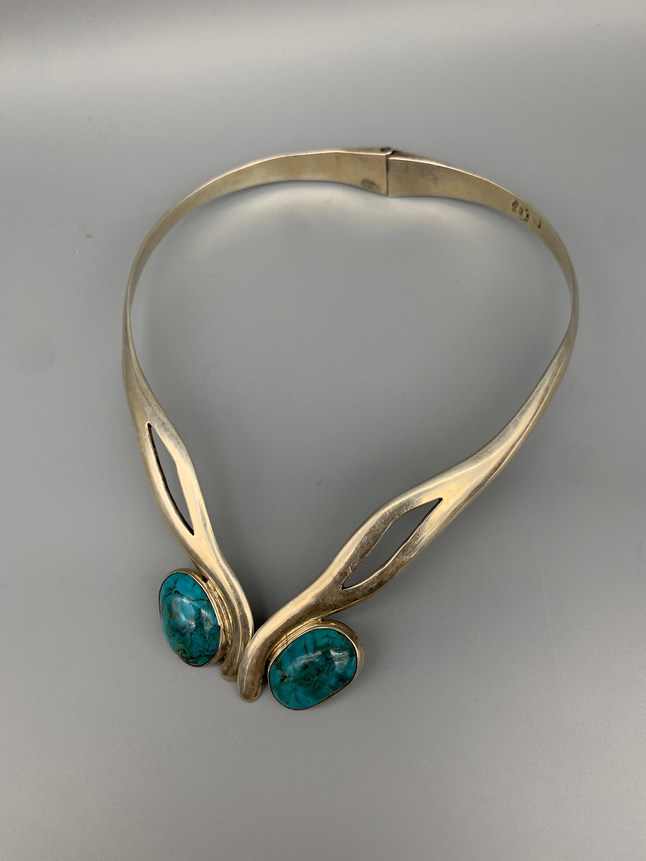 Vintage Modernist Hinged Collar Necklace Chrysocolla & Sterling Silver, Mexico, Signed DMP