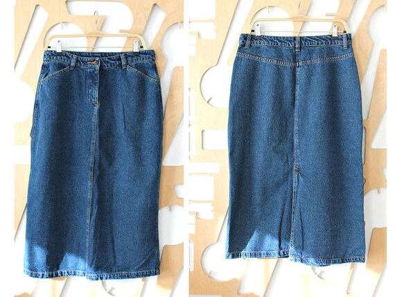 high waisted long denim skirt
