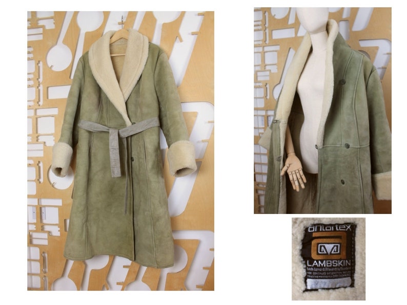 Shearling green coat Sheepskin long coat 70s sheepskin coat Vintage sheepskin long coat 