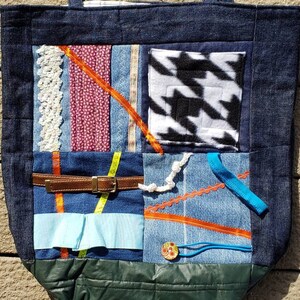 BUSY BOOK BAG 8 quiet activity textures colors panel 18x11x8&quot; Tote Denim Quilted Lined Magnet Pocket Child Autistic Dementia Figit Alzheimer