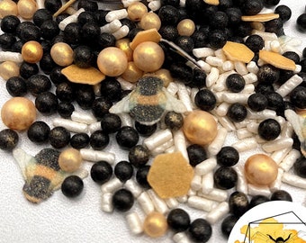 Sprinkle Mix - Gold, Black, and White Bee-Themed Decorations for Cakes, Cupcakes, and Cookies