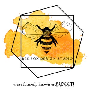 May include: Bee Box Design Studio logo featuring a detailed illustration of a bee with black and yellow stripes, set against a watercolor wash of orange and yellow. The text "BEE BOX DESIGN STUDIO" is displayed, with the text "artist formerly known as SWEET!" below.