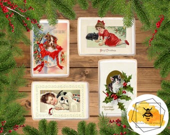 Edible Vintage Pet Christmas Card Cookie Cake Toppers Wafer Paper or Frosting Sheet