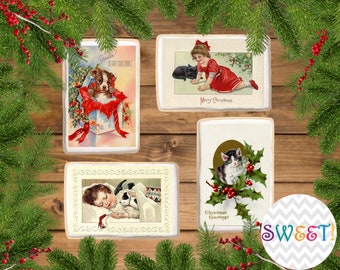 Edible Vintage Pet Christmas Card Cookie Toppers - Wafer Paper or Frosting Sheet