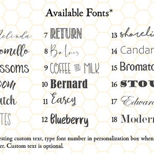 May include: A graphic displaying 18 font styles, each with a unique name and number. The fonts range from elegant scripts to bold, block letters. Text at the bottom explains how to request custom text using the font numbers.