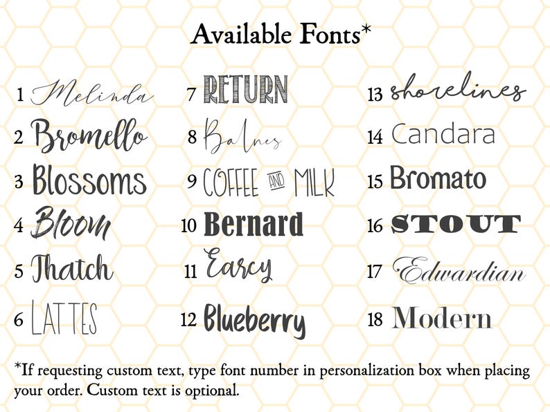 May include: A graphic displaying 18 font styles, each with a unique name and number. The fonts range from elegant scripts to bold, block letters. Text at the bottom explains how to request custom text using the font numbers.