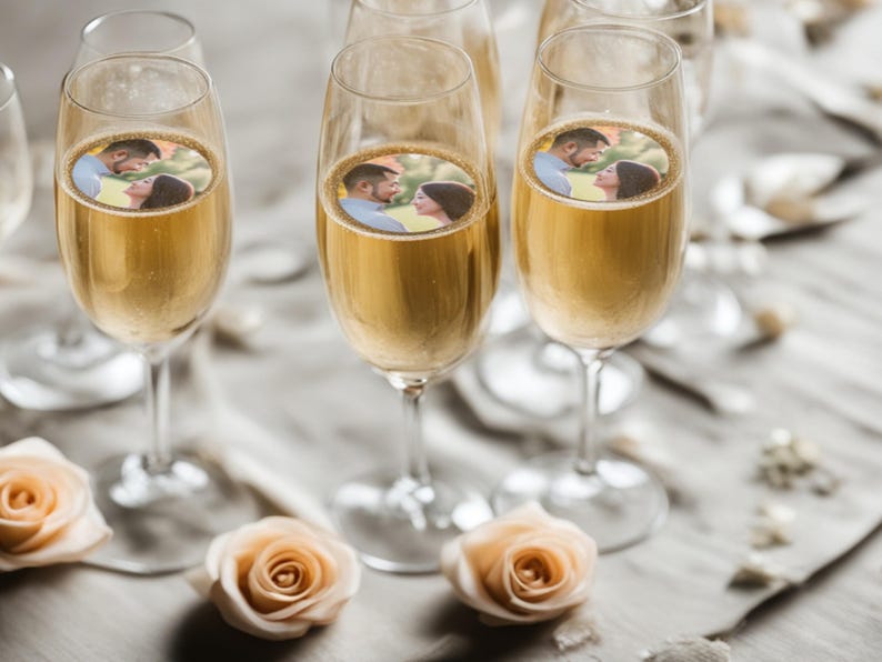 May include: Champagne flutes filled with sparkling wine, each featuring a circular image of a couple. Soft peach roses and a neutral-toned tablecloth complete the celebratory scene, perfect for a wedding or anniversary.