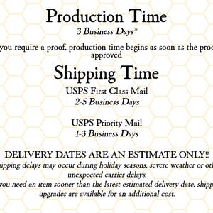 May include: Text on a white background with a honeycomb pattern. The text details production and shipping times, including USPS First Class and Priority Mail options. It also notes that delivery dates are estimates and shipping upgrades are available.