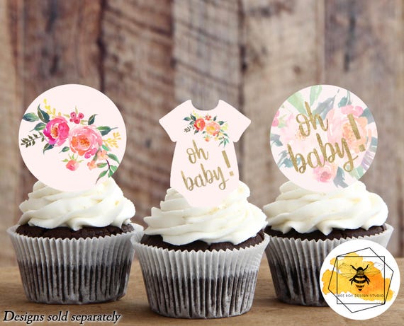 Edible Floral Baby Shower Cupcake or Cookie Toppers