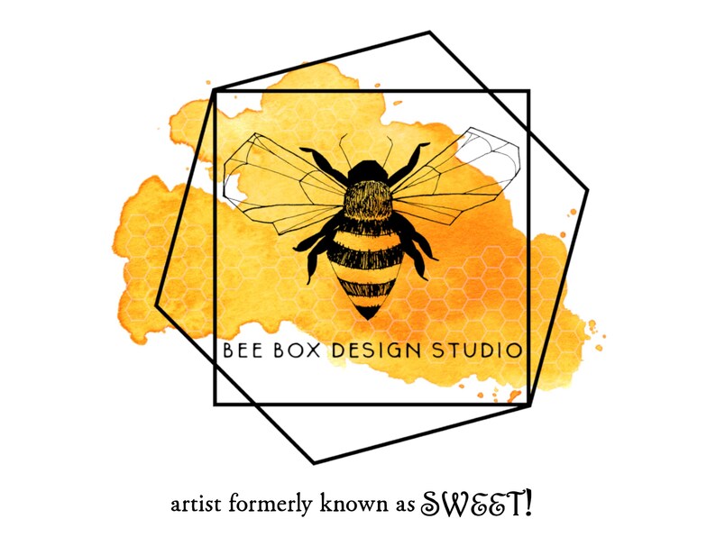 May include: A black and white illustration of a bee inside a geometric frame with a yellow watercolor background. The text "BEE BOX DESIGN STUDIO" is below the bee. The text "artist formerly known as SWEET!" is below the frame.