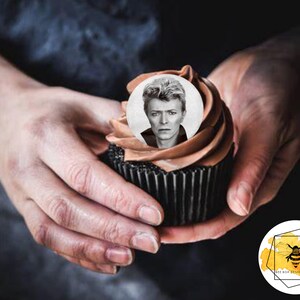 May include: A chocolate cupcake with a white frosting swirl and a round edible image of David Bowie on top.