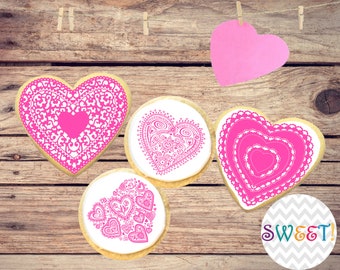Edible Pink Lace Heart Print Valentine Cookie Toppers - Wafer Paper or Frosting Sheet