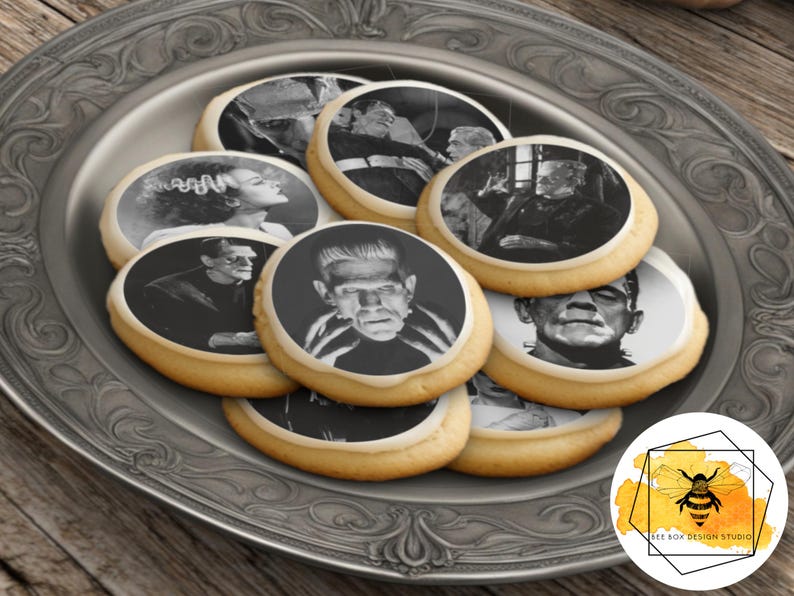 Edible Classic Frankenstein Halloween Cupcake Cookie Oreo Drink Toppers, Wafer Paper or Frosting Sheet image 1