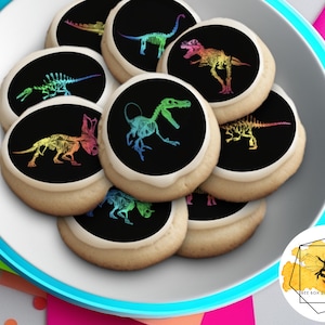 Edible Neon Dinosaur Skeleton Cookie Cupcake Oreo Toppers, Wafer Paper or Frosting Sheet.