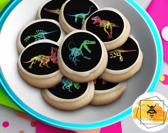 Edible Neon Dinosaur Skeleton Cookie Cupcake Oreo Toppers, Wafer Paper or Frosting Sheet.