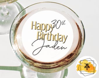Edible Custom Birthday Drink Topper Black & Gold Text