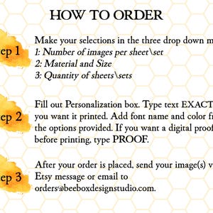 May include: A graphic with instructions on how to order custom images. The text reads "HOW TO ORDER" and provides steps for selecting options, personalizing text, and submitting the order via Etsy message or email.