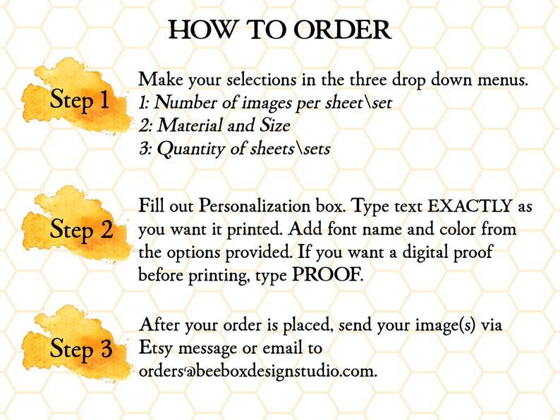 May include: A graphic with instructions on how to order custom images. The text reads "HOW TO ORDER" and provides steps for selecting options, personalizing text, and submitting the order via Etsy message or email.