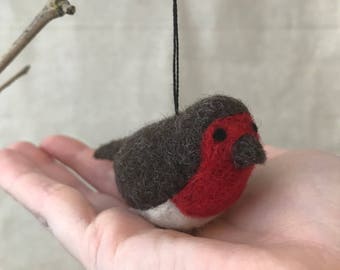 Needle Felted Robin - handmade, red, brown, white, black, wool roving, one of a kind, miniature, wool sculpture, ornament
