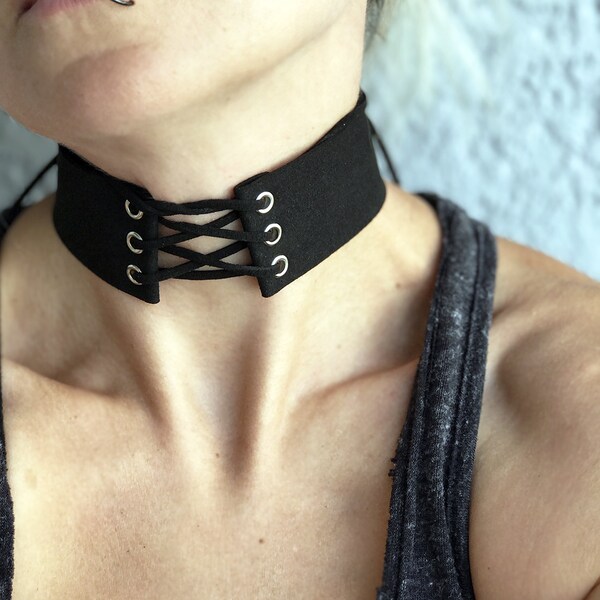 SALE!!! Elven Corset Choker - Faux Suede Laced Up Black or White Choker
