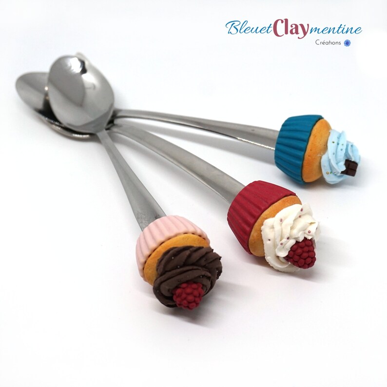 cernit and stainless steel coffee Pink Cupcake spoon red or blue Fimo polymer clay Dessert BleuetClaymentine tea