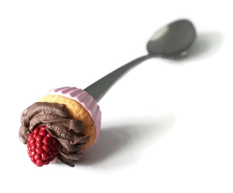 cernit and stainless steel coffee Pink Cupcake spoon red or blue Fimo polymer clay Dessert BleuetClaymentine tea