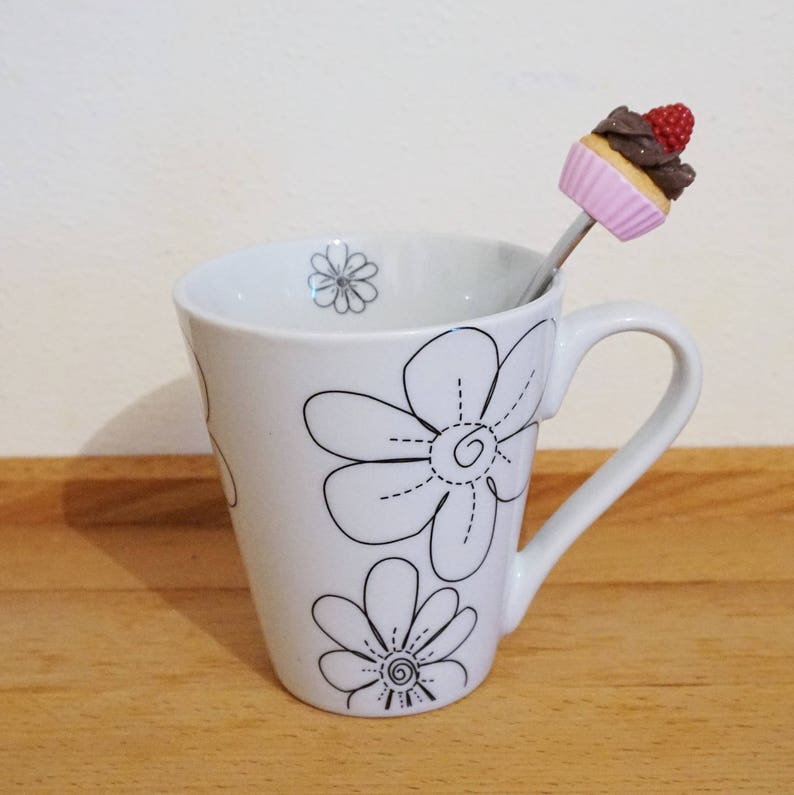 cernit and stainless steel coffee Pink Cupcake spoon red or blue Fimo polymer clay Dessert BleuetClaymentine tea