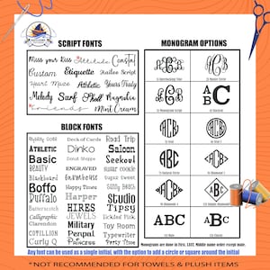 May include: A white informational chart featuring black text and graphics. It displays various script and block font styles, along with twelve numbered monogram options. The bottom text notes that monograms follow first, last, middle order.