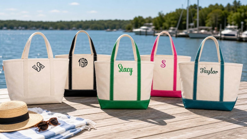 May include: Five off-white canvas tote bags with colored handles and bases. Each bag features a unique embroidered monogram or name: LSA, TSA, Stacy, S, and Taylor. The bags are arranged in a row on a wooden dock near a body of water.