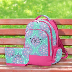 Personalized Child's Backpack & Accessory / Pencil Bag in Pink Mint
