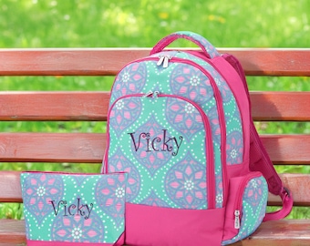 Personalized Child&#39;s Backpack & Accessory / Pencil Bag in Pink Mint