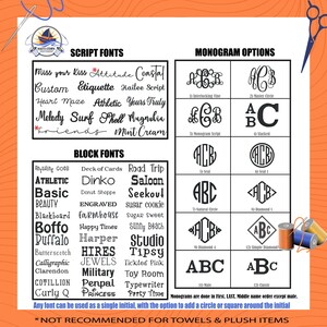 May include: A white informational chart displaying various font styles and monogram options in black text. The chart includes sections for script fonts, block fonts, and twelve numbered monogram styles, with a note about monogram order and towel usage.