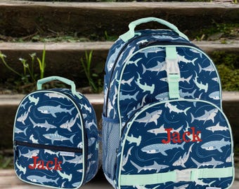 Kids Backpack & Lunchbox Set – Shark Print, Personalized Embroidered