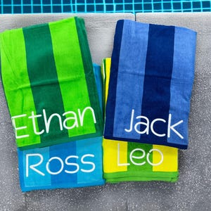 Plush Cotton Velour Two Toned Beach Towels, Custom Pool Towel, Striped Beach Towel.  Swim Team Towels, Bachelorette Towels