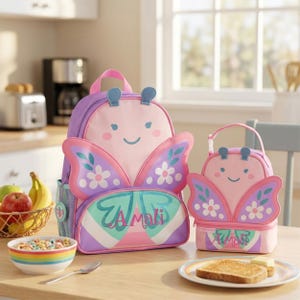 May include: A pink and purple butterfly-themed backpack and matching lunch bag set. Both items feature a smiling face, glittery wing accents, white flower details, and the name Amali embroidered in a script font on the front pocket.