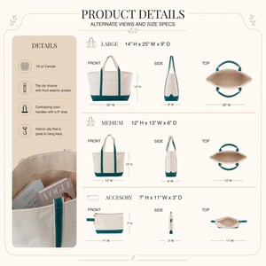 May include: A product detail chart for canvas bags in large, medium, and accessory sizes. Features include 18 oz canvas, top zip closure, front exterior pocket, contrasting handles with a 9-inch drop, and an interior key clip. Dimensions are listed in inches.