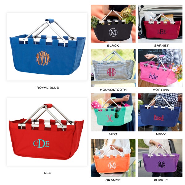 Monogrammed Market Tote Personalized Market Basket Reusable Shopping Basket Beach Bag Picnic Basket