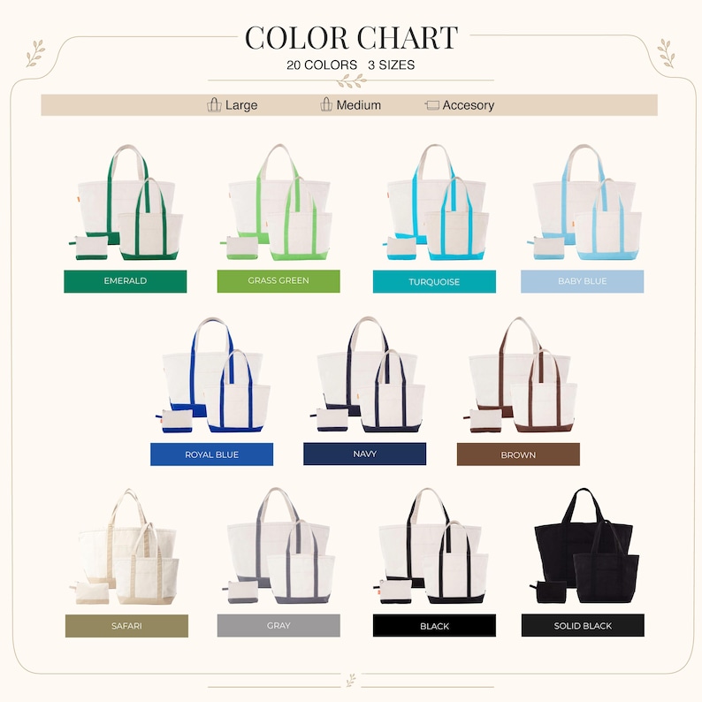 May include: A color chart displaying canvas tote bags in three sizes: large, medium, and accessory. The chart features 11 color variations including emerald, grass green, turquoise, baby blue, royal blue, navy, brown, safari, gray, black, and solid black.