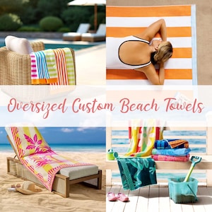 May include: A collection of oversized custom beach towels in various colors and patterns. One towel is orange and white striped, another has a tropical floral design, and others are striped or solid. The towels are displayed on lounge chairs and a bench.